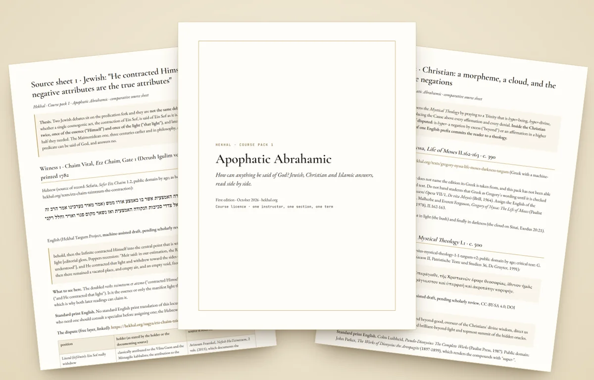 Course Pack 1, Apophatic Abrahamic: the cover beside source sheet 1 (Vital in Hebrew) and source sheet 2 (Dionysius in Greek)